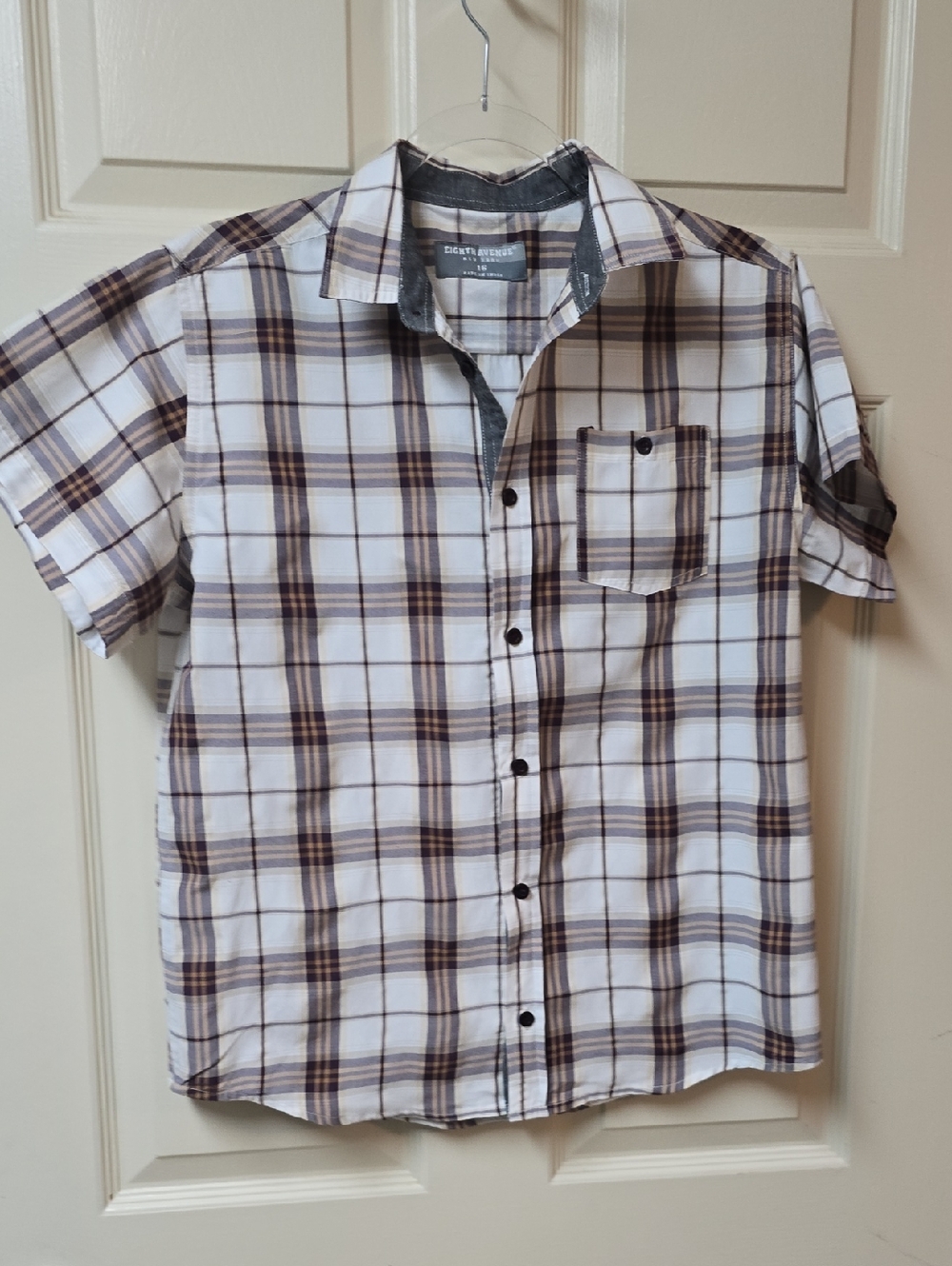 Eighth Avenue | Boy's |Short-Sleeve | Plaid | Button-Up | White & Brown| Size 16 - Picture 1 of 6